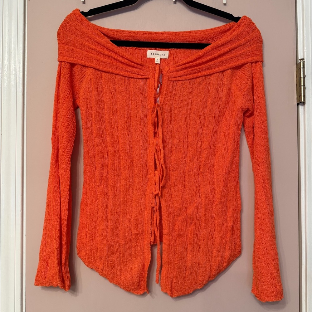 Orange Knit Tie Front Lightweight Sweater